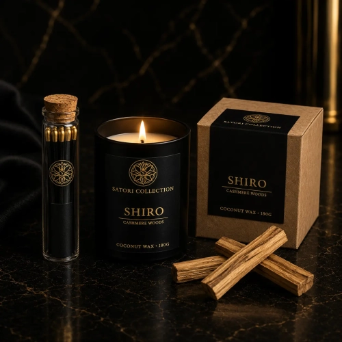 zestaw prezentowy świeca zapachowa SHIRO cashmere woods zapałki palosanto