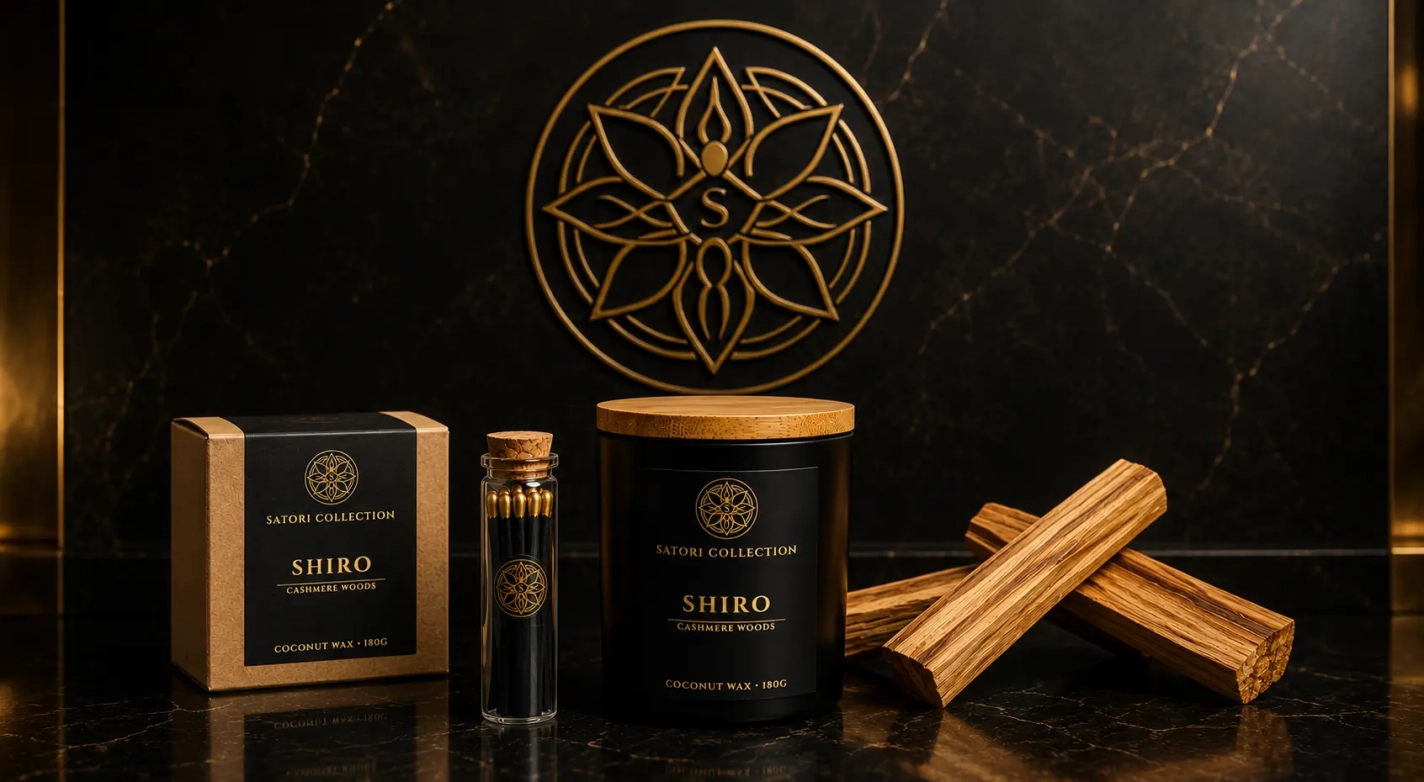 świeca zapchowa shiro cashmere woods ekologiczne opakowanie, czarny matowy słokk, bambusowe wieczko, złota etykieta, palo santo drewienko aromatyczn