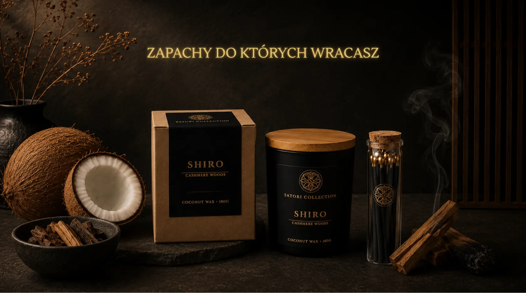 świeca zapachowa, zestaw prezentowy, zapałki złote, palo santo, wosk kokosowy